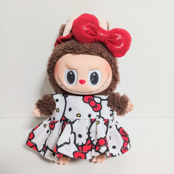 Custom Hello Kitty Dress and Metallic Bow Made to fit Labubu